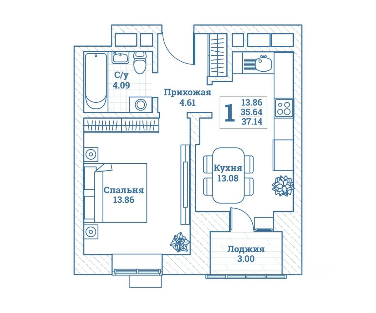 1-комн. квартира, 37,14 м², в ЖК Новоград Монино