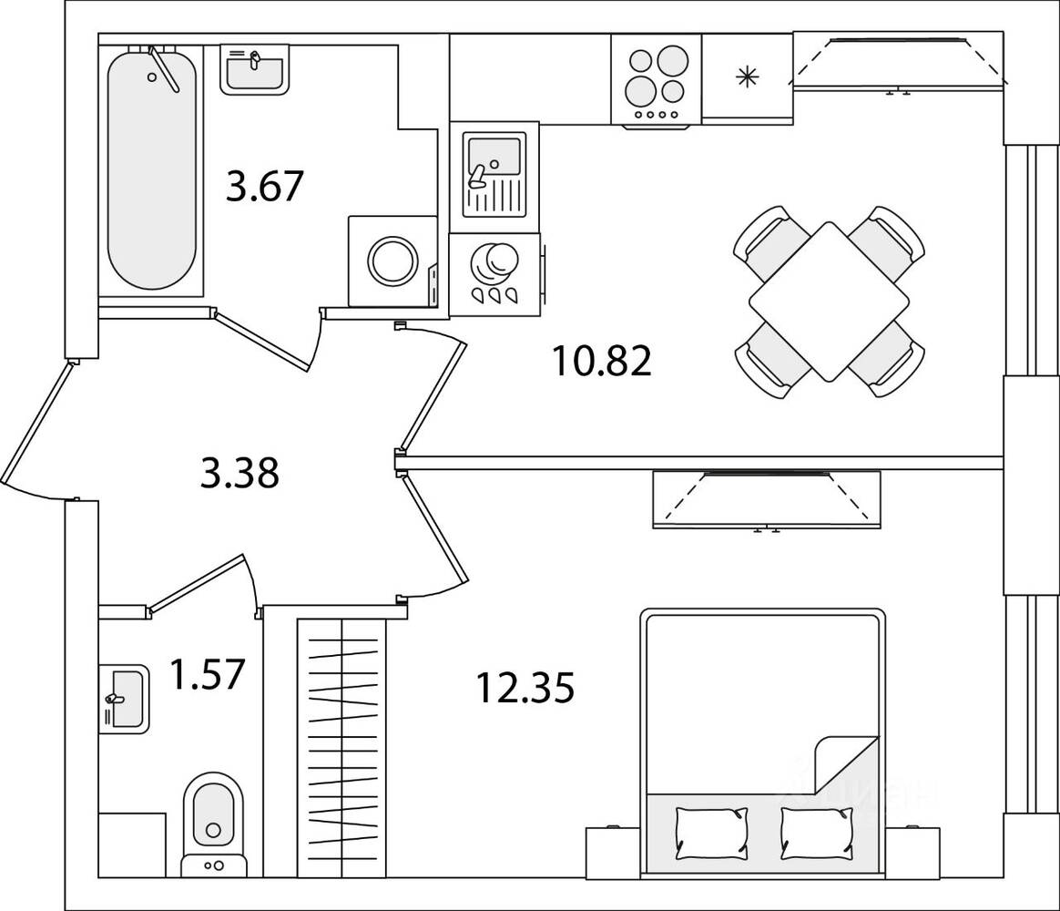 1-комн. квартира, 31,79 м², в ЖК Кинопарк