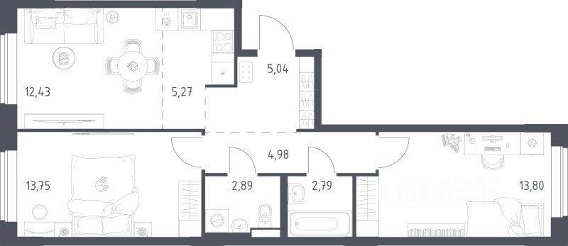 2-комн. квартира, 60,95 м², в ЖК Новое Видное