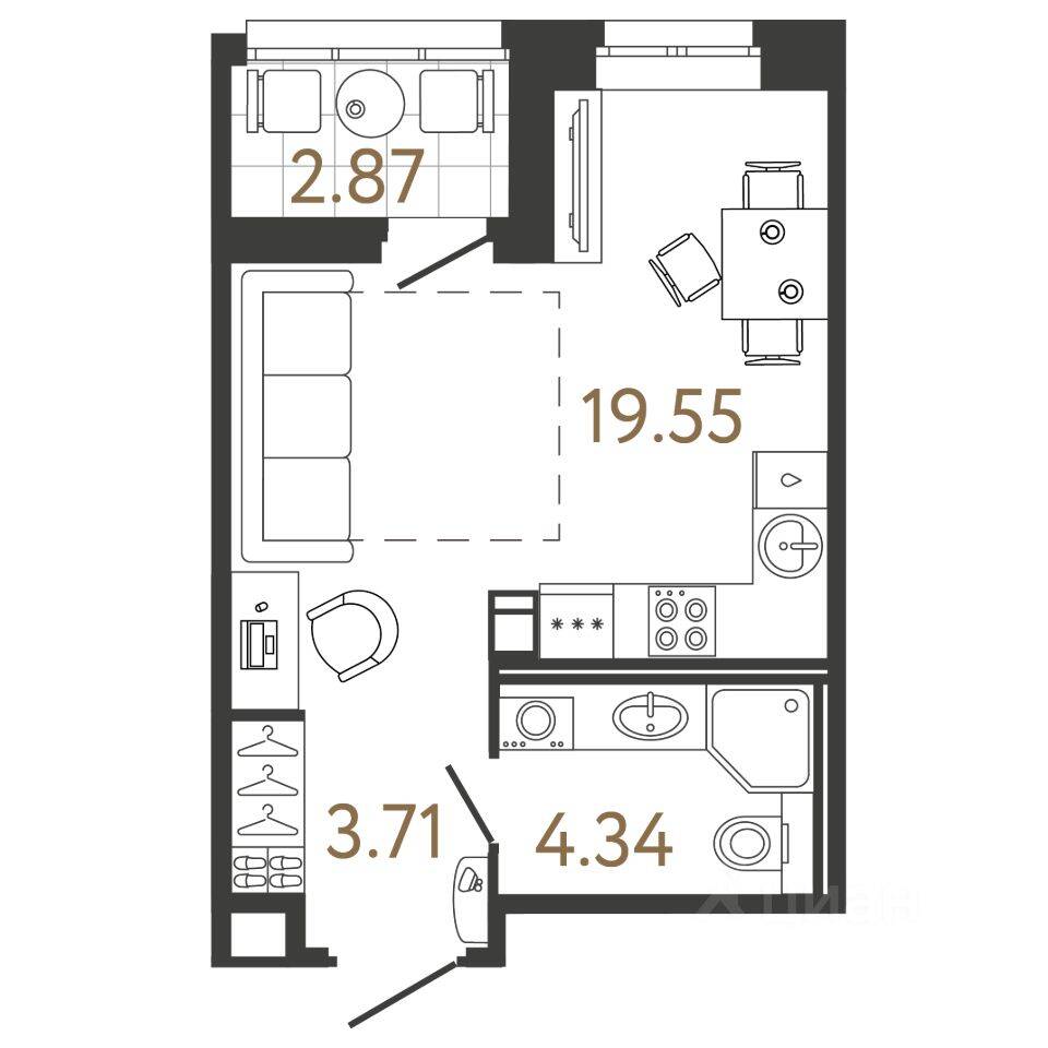 Планировка 1 комнатной квартиры, 27.38 м², в «Ультра Сити 3.0»