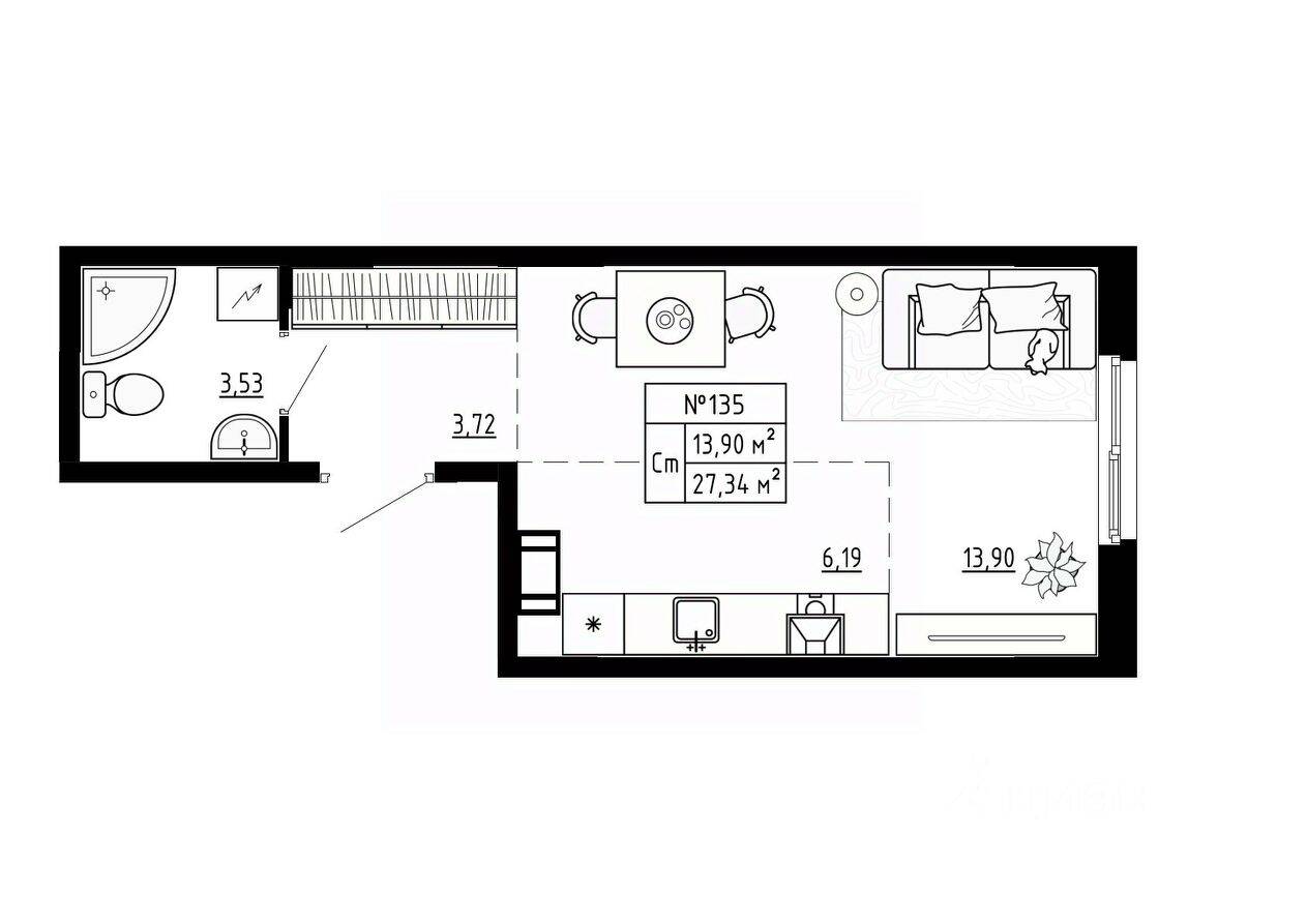 Квартира-студия, 27,34 м², в Малоэтажный ЖК Аннино Сити