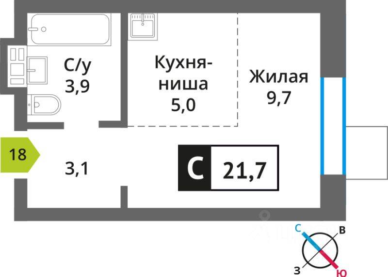 1-комн. квартира, 21,7 м², в ЖК Лесная Отрада