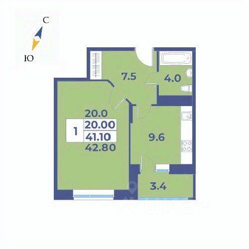 Планировка 1 комнатной квартиры, 42.8 м², в «Эдельвейс (ЦентрСтрой)»