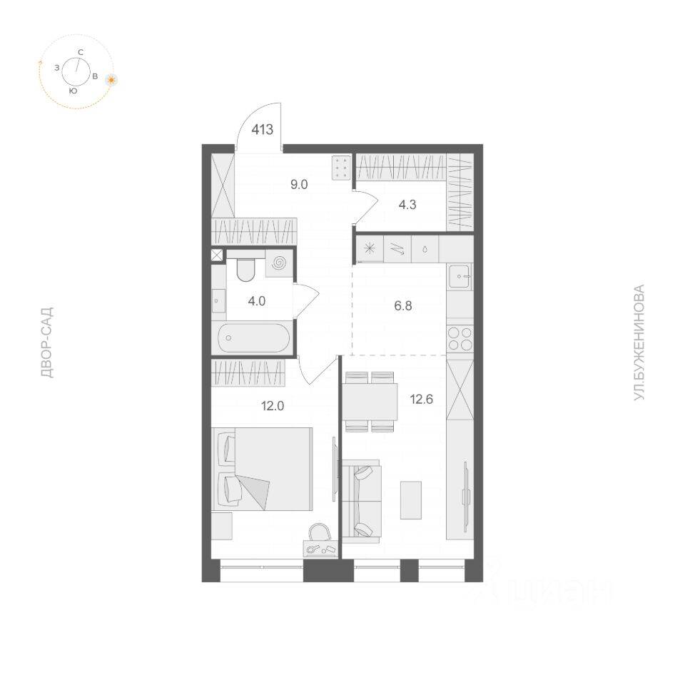 Планировка 1 комнатной квартиры, 48.7 м², в «ARTEL»