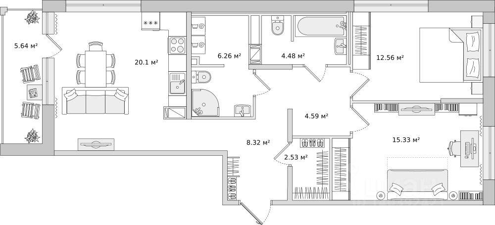 2-комн. квартира, 79,81 м², в ЖК ЦДС «Dreamline»