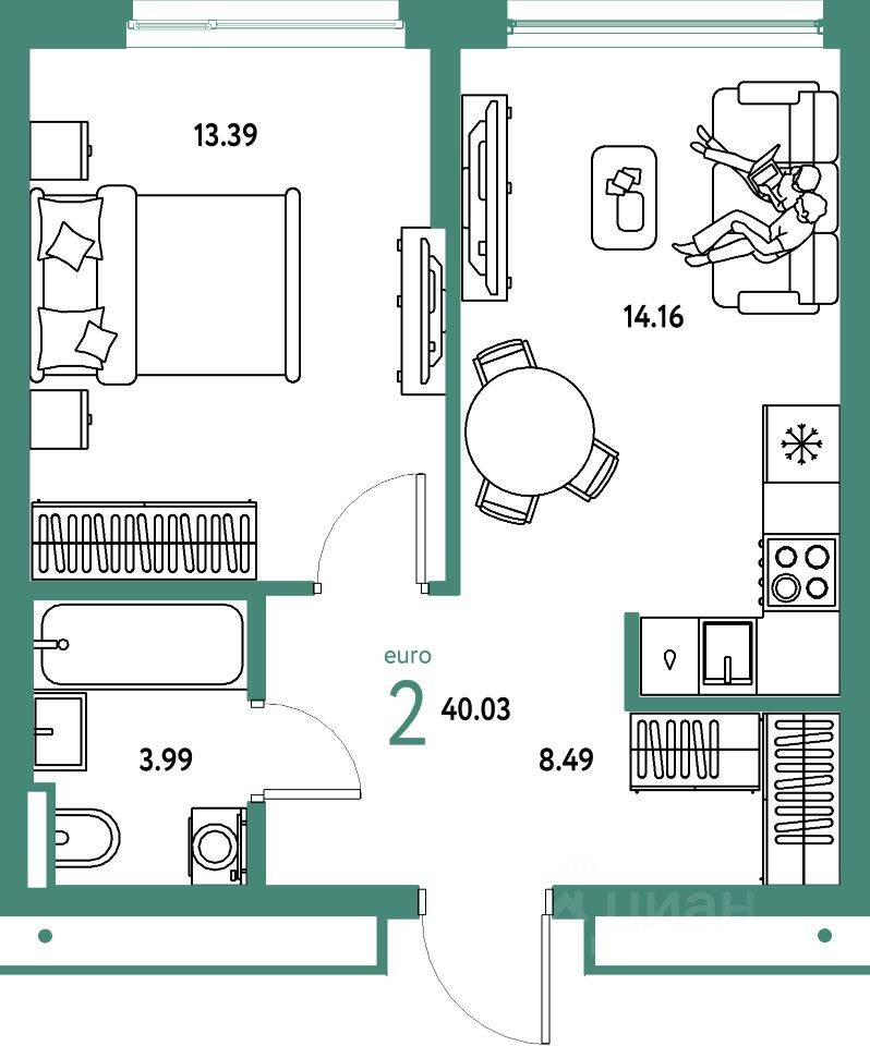 2-комн. квартира, 40,03 м², в ЖК Страна.Парковая