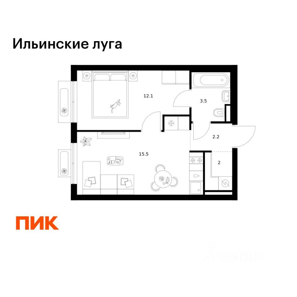 1-комн. квартира, 35,3 м², в ЖК «Ильинские луга»