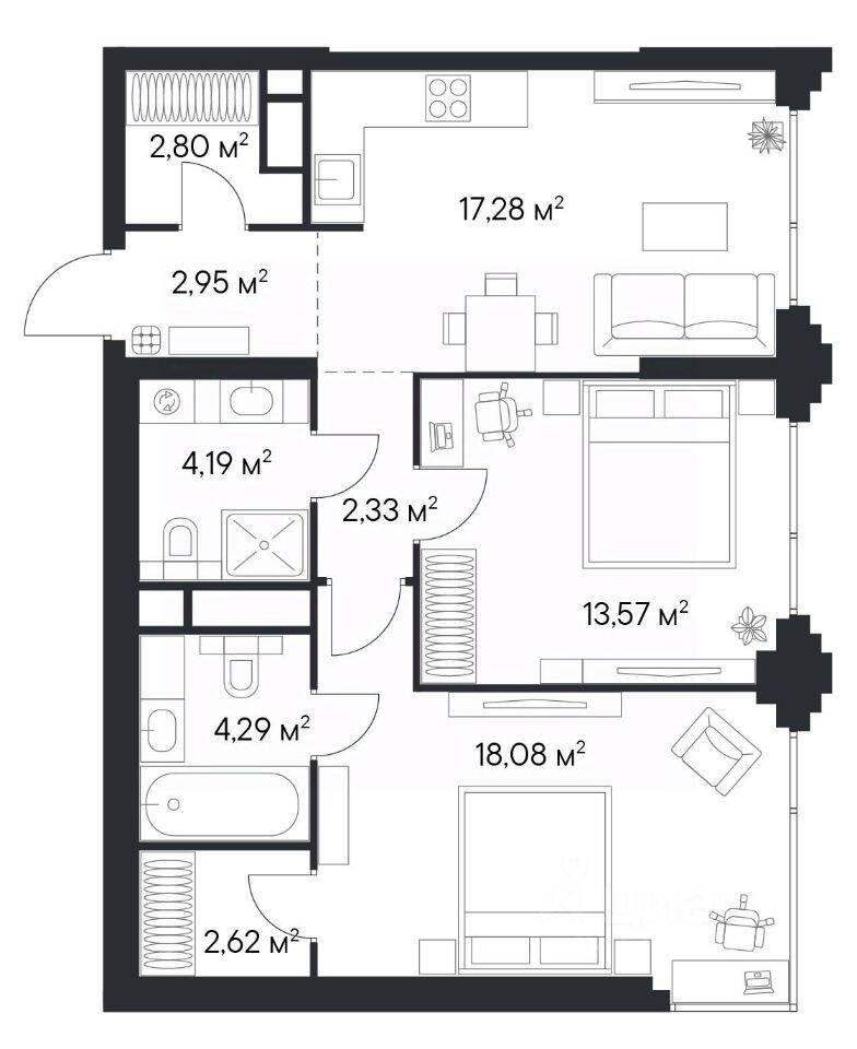 2-комн. квартира, 68,11 м², в ЖК 1-й Нагатинский