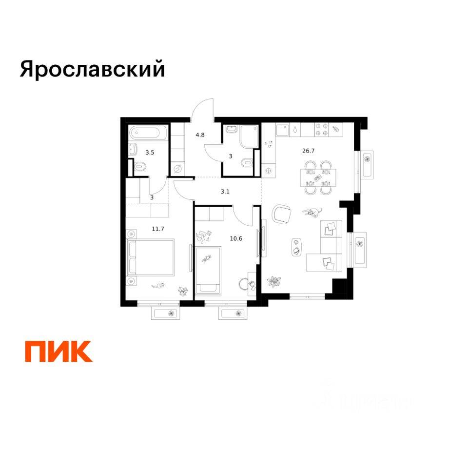 2-комн. квартира, 66,4 м², в ЖК «Ярославский»