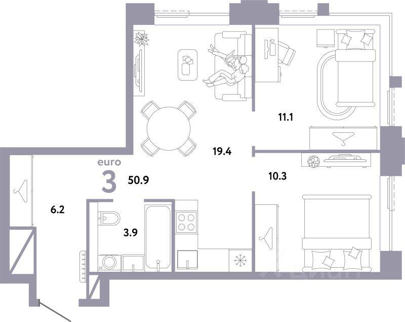 3-комн. квартира, 50,9 м², в ЖК Страна.Заречная
