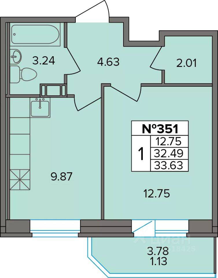 1-комн. квартира, 33,63 м², в ЖК Капральский