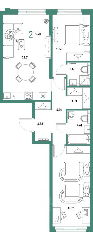 2-комн. квартира, 72,7 м², в ЖК Страна.Парковая
