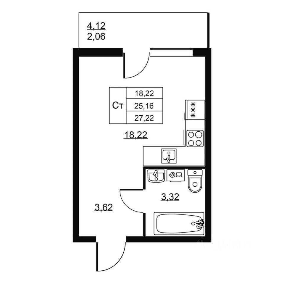 Квартира-студия, 27,22 м², в ЖК Перспектива