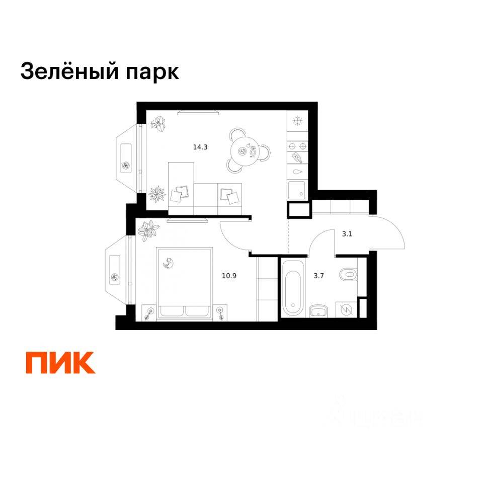 Планировка 1 комнатной квартиры, 32 м², в «Зеленый парк»
