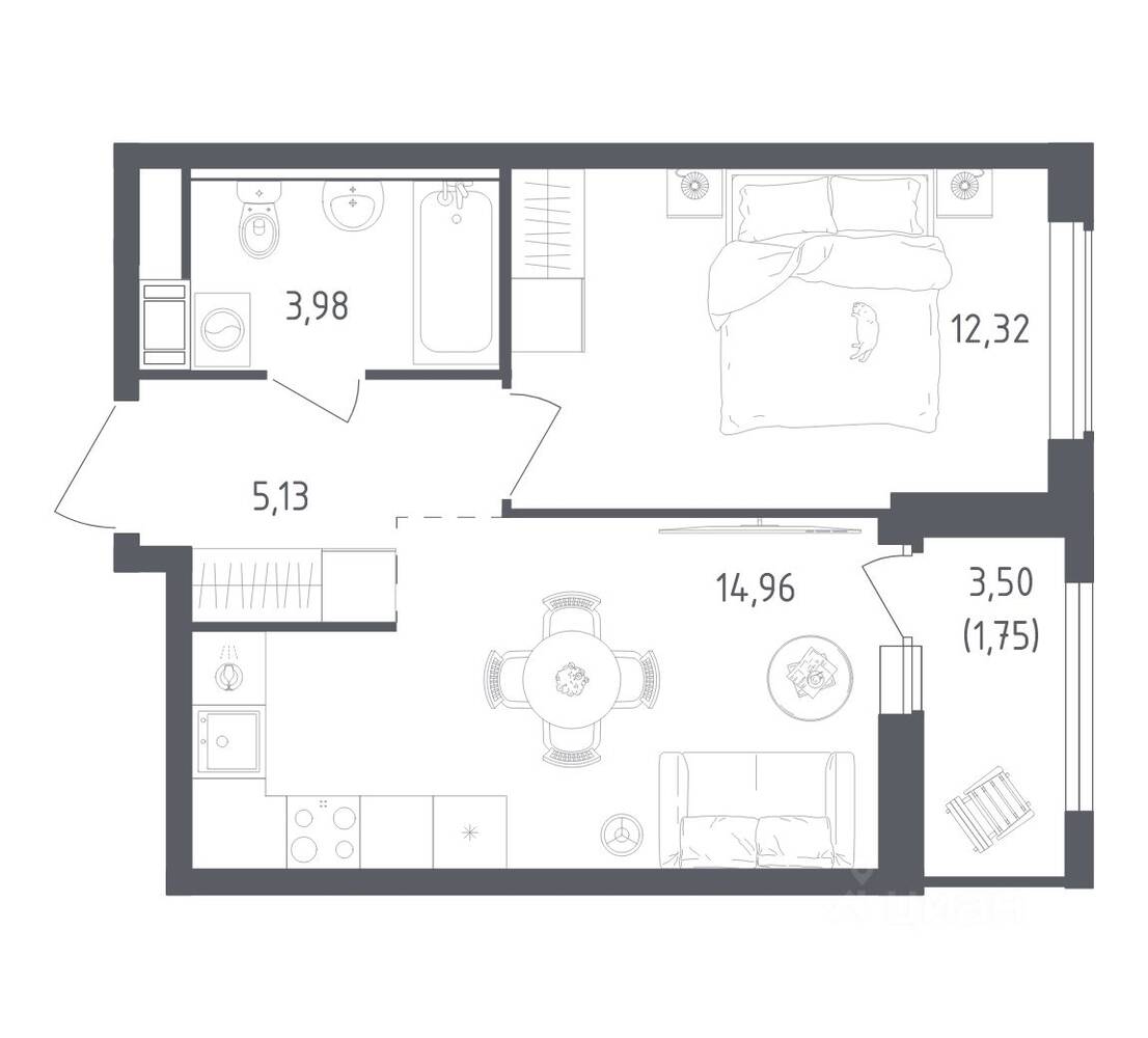 1-комн. квартира, 38,14 м², в ЖК Южная Нева