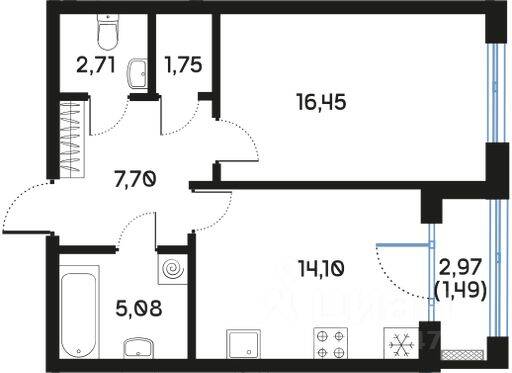 1-комн. квартира, 49,44 м², в ЖК Регенбоген