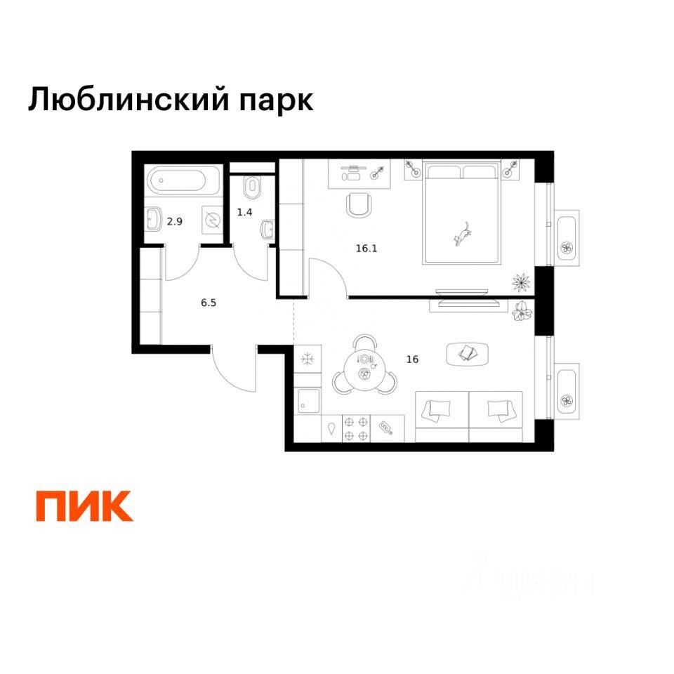 1-комн. квартира, 42,9 м², в ЖК «Люблинский парк»