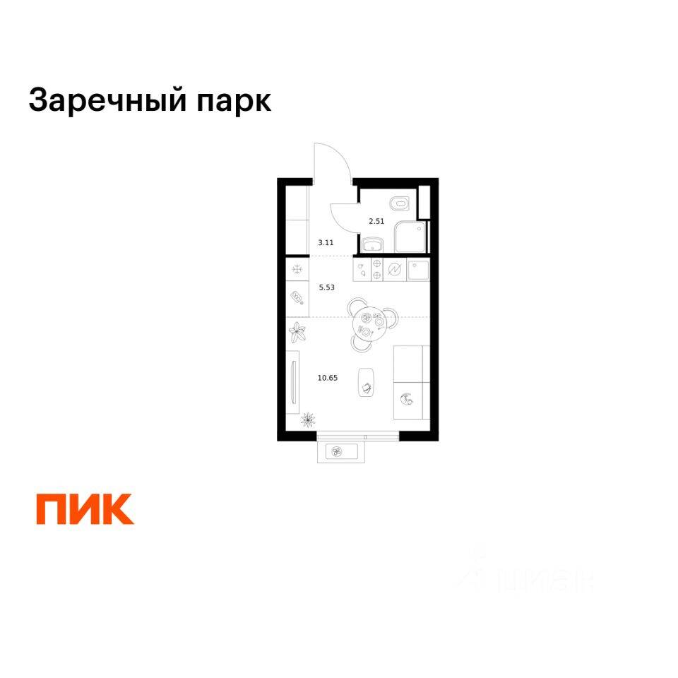 Квартира-студия, 21,8 м², в ЖК Заречный парк