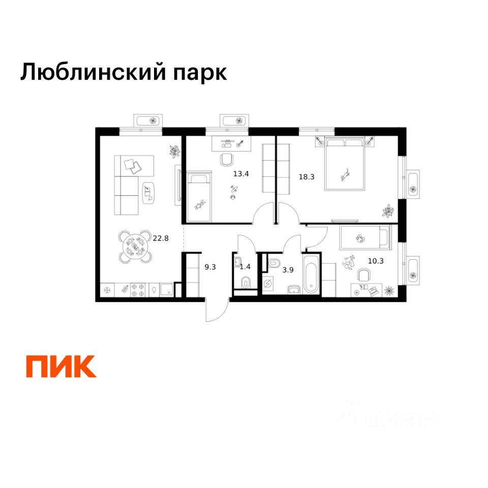 3-комн. квартира, 79,4 м², в ЖК «Люблинский парк»