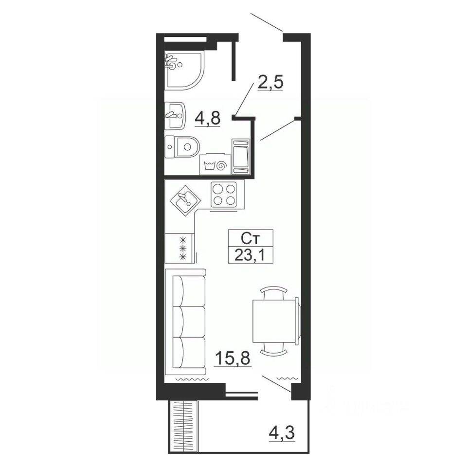Планировка 1 комнатной квартиры, 23.1 м², в «Рубеж»