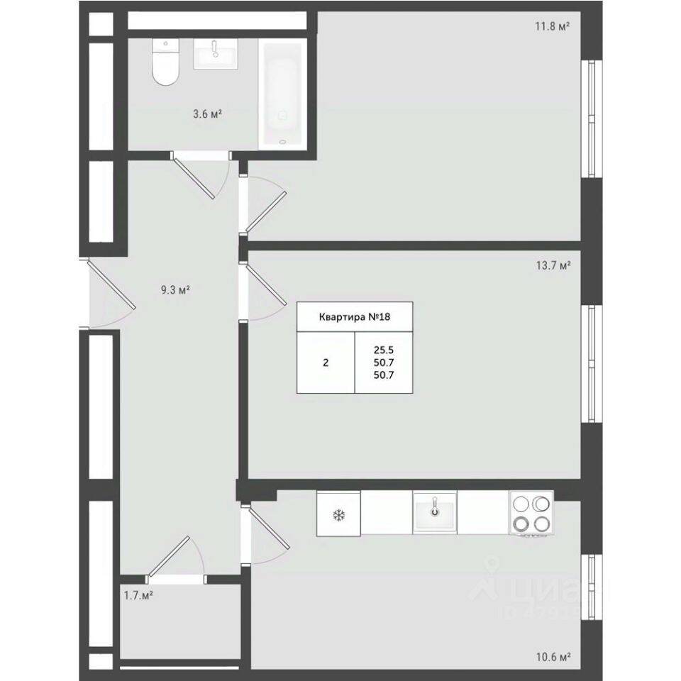 Планировка 2 комнатной квартиры, 50.7 м², в «Яковлево»
