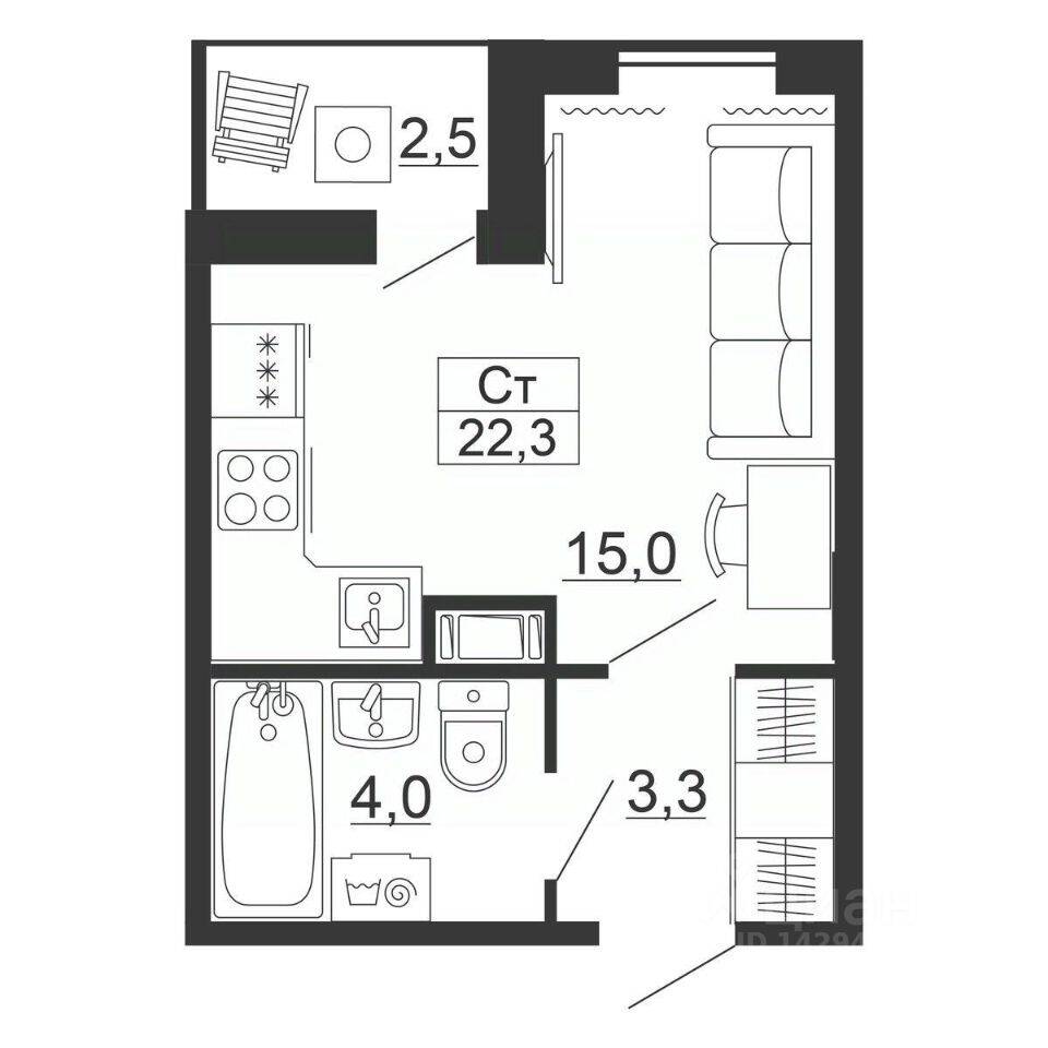 Планировка 1 комнатной квартиры, 22.3 м², в «Рубеж»