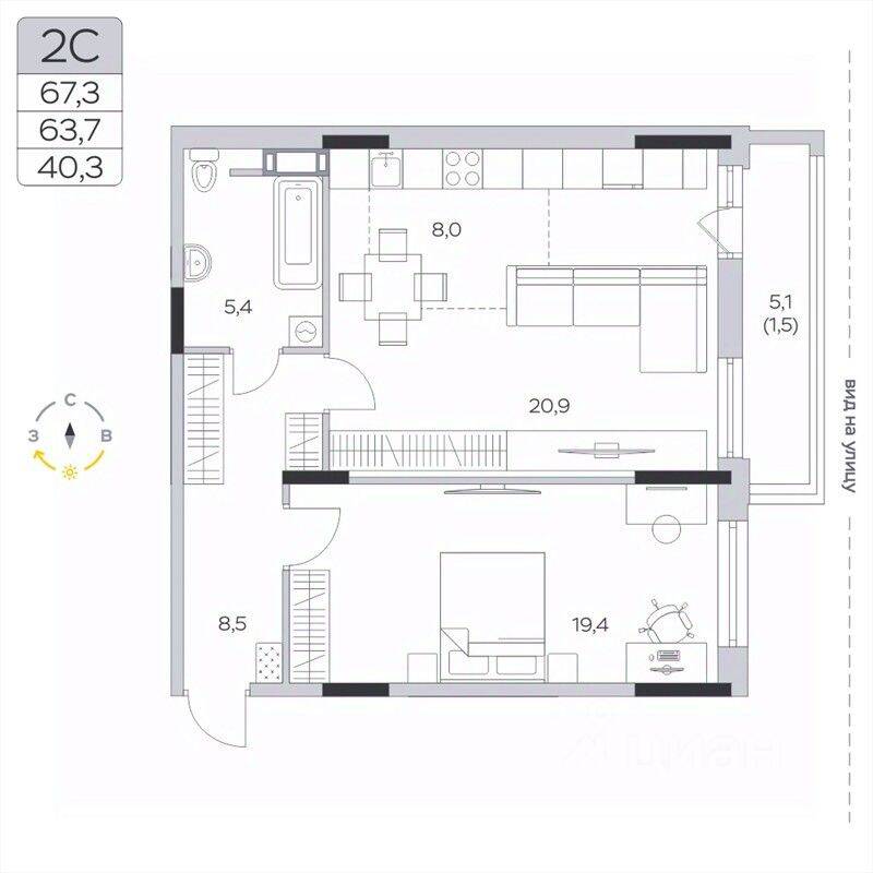 1-комн. квартира, 64 м², в ЖК «Пироговская Ривьера»