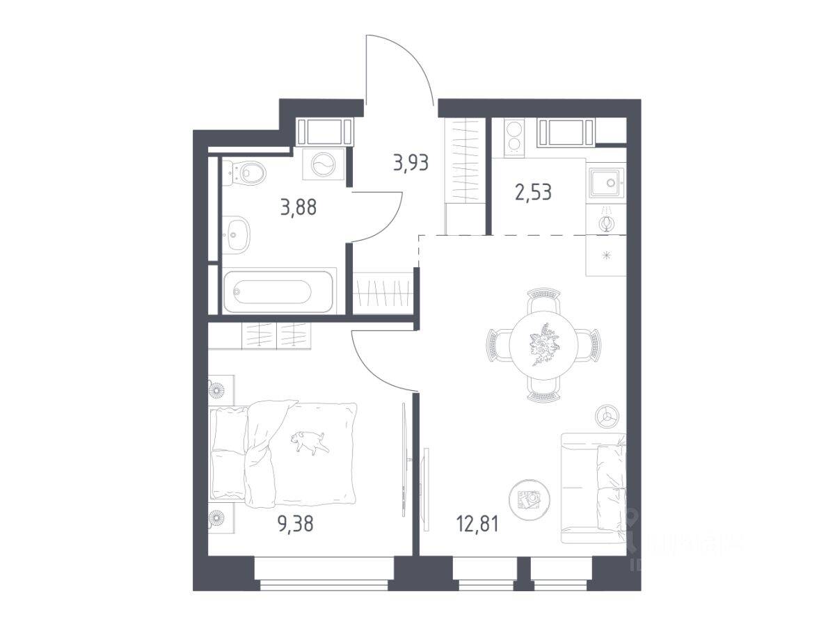 Планировка 1 комнатной квартиры, 32.53 м², в «Большое Путилково»