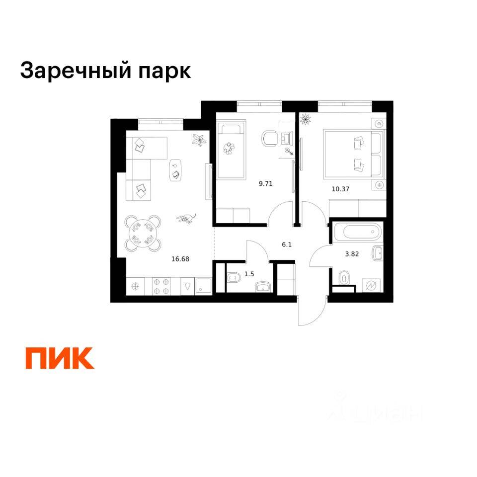 2-комн. квартира, 48,18 м², в ЖК Заречный парк