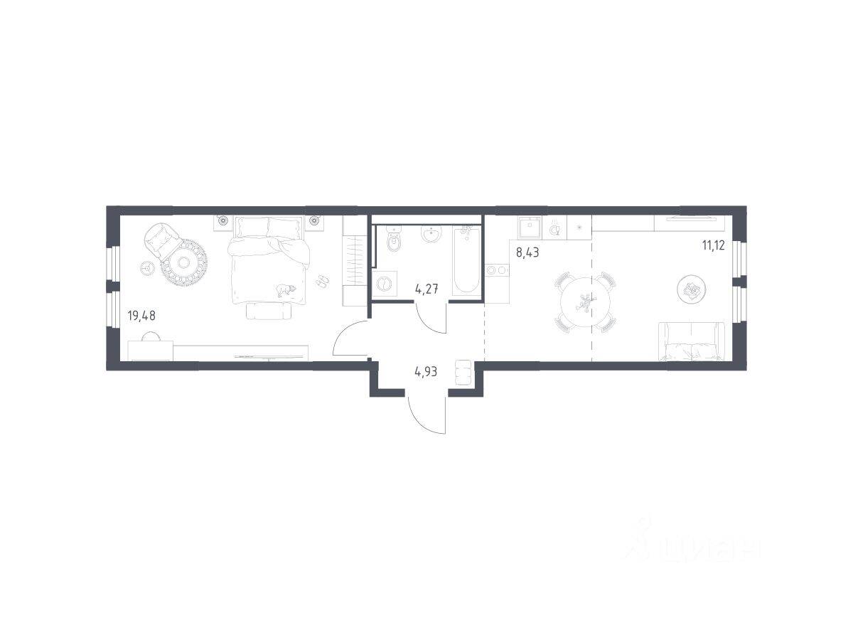 1-комн. квартира, 48,23 м², в ЖК «Пригород Лесное»