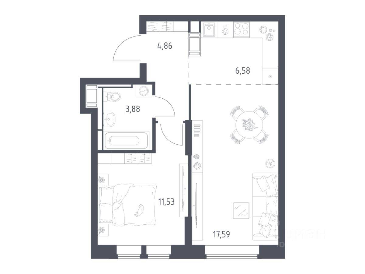 1-комн. квартира, 44,44 м², в ЖК «Большое Путилково»
