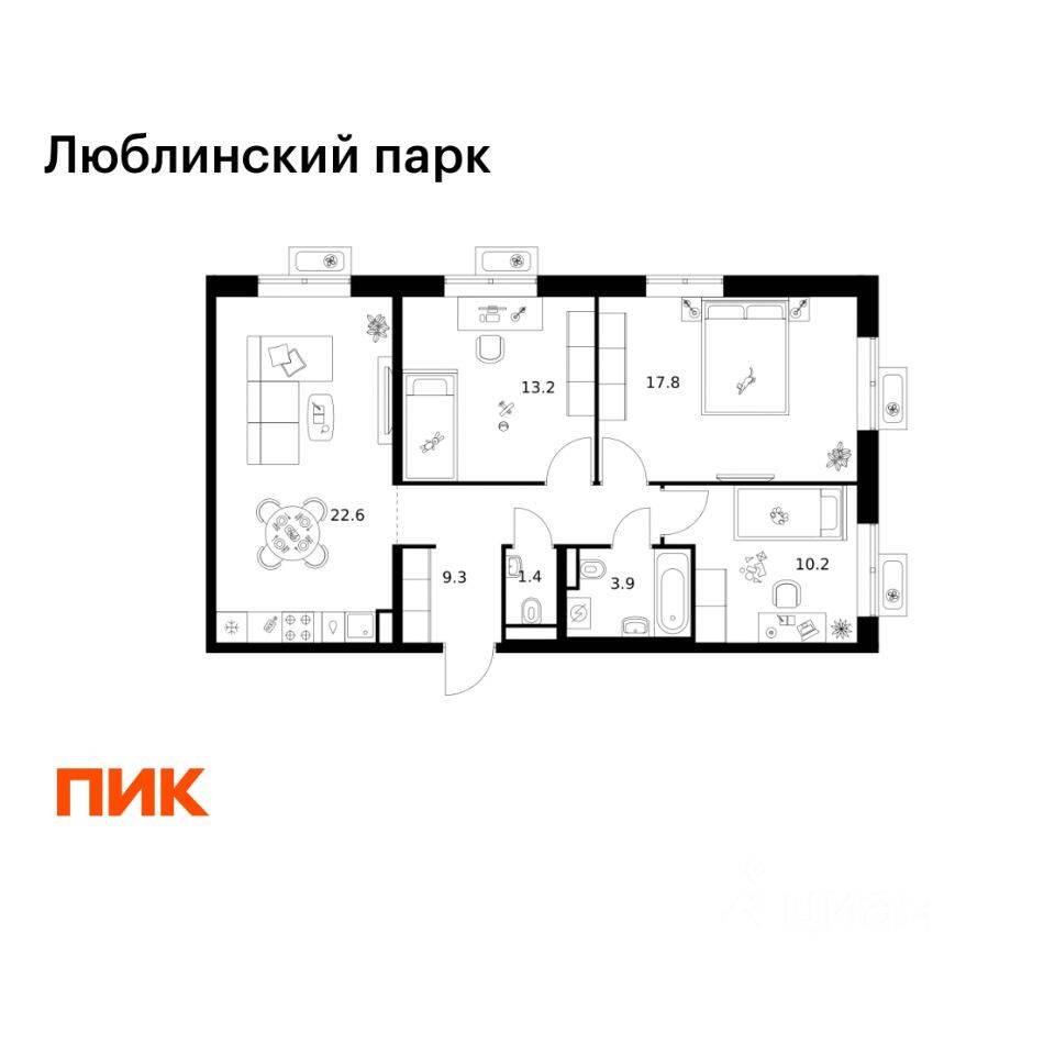3-комн. квартира, 78,4 м², в ЖК «Люблинский парк»