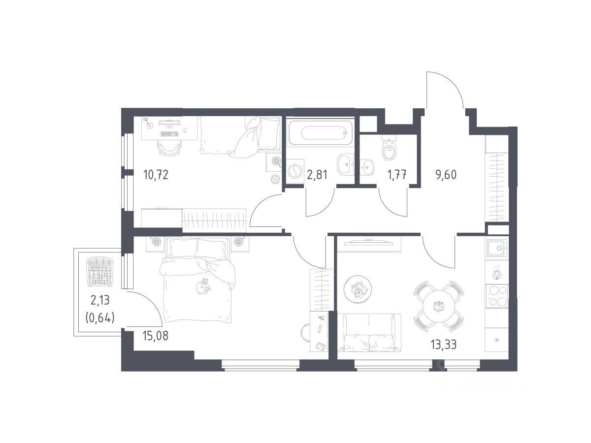 2-комн. квартира, 53,95 м², в ЖК «Остафьево»