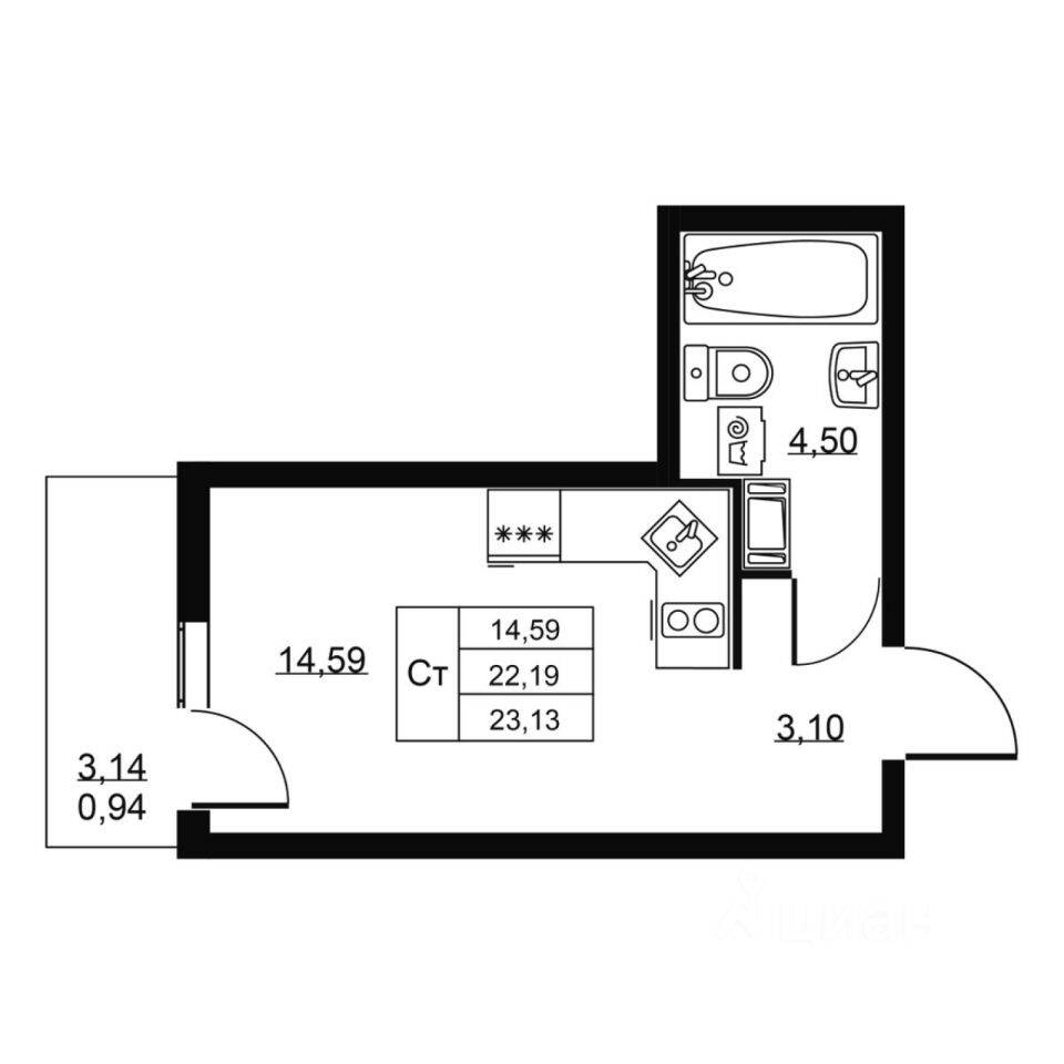 Квартира-студия, 23,13 м², в ЖК Перспектива