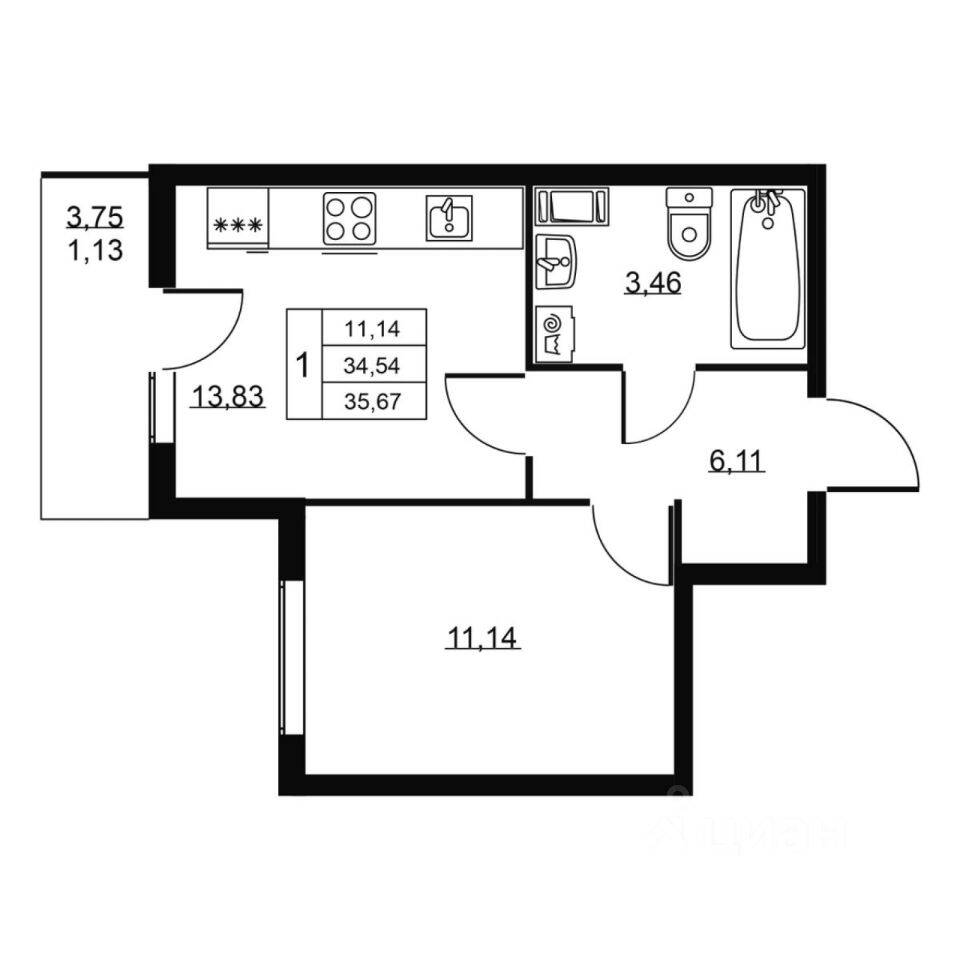 1-комн. квартира, 35,67 м², в ЖК Перспектива