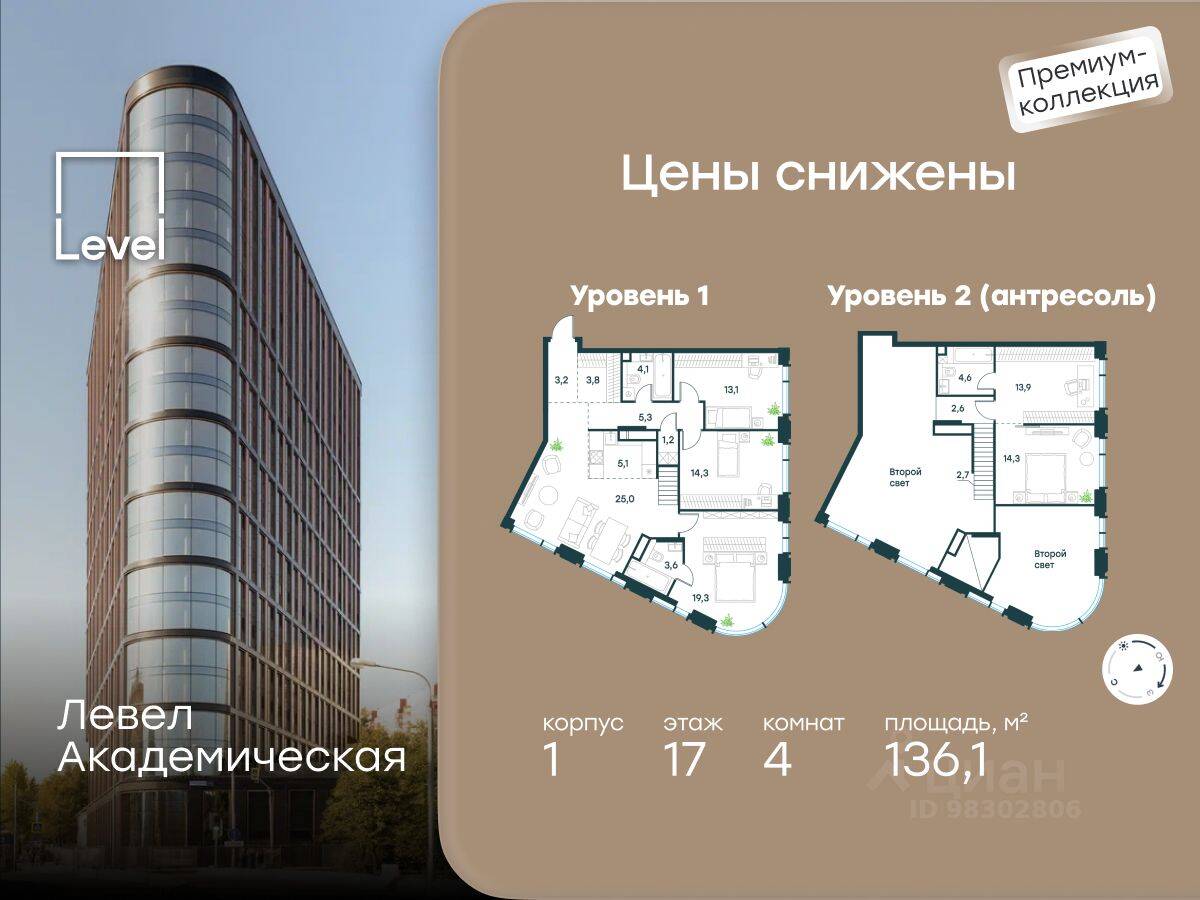 Планировка 4 комнатной квартиры, 136.1 м², в «Level Академическая»