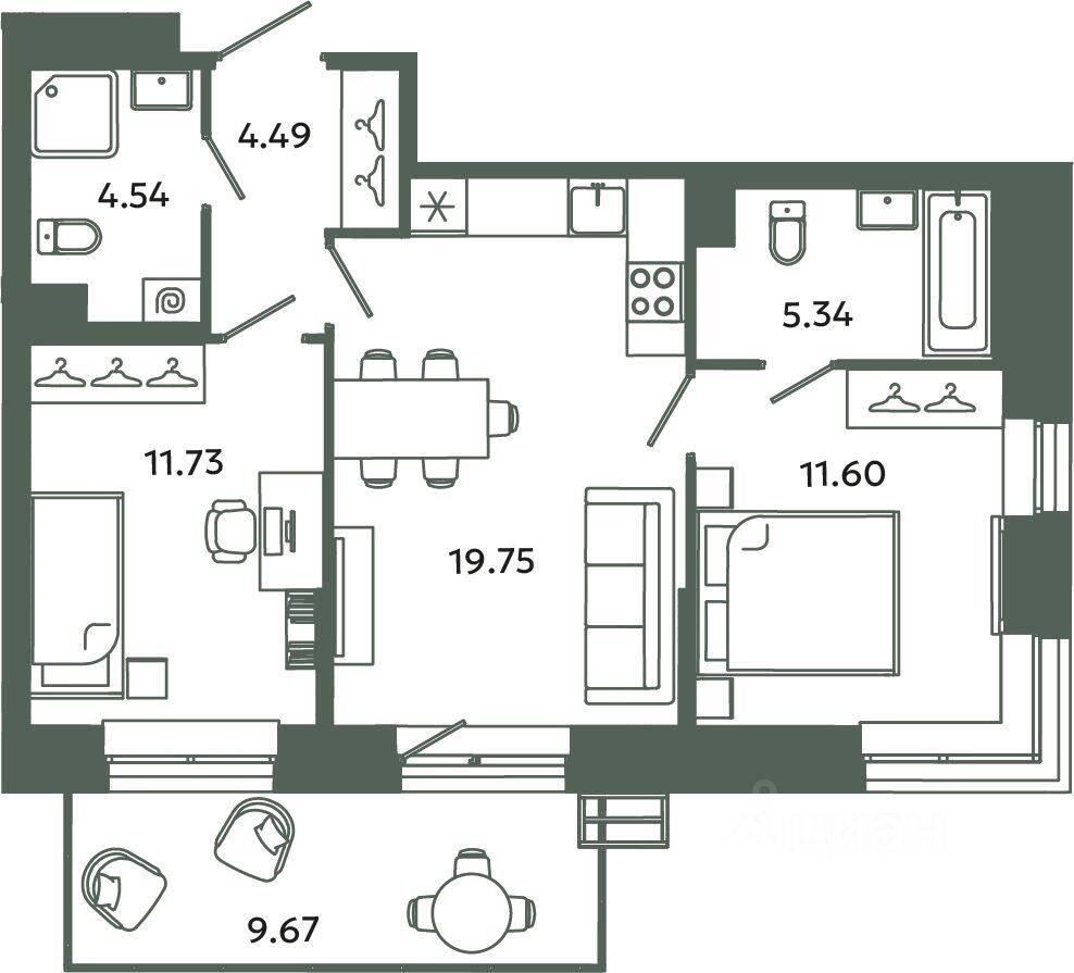 2-комн. квартира, 57,45 м², в ЖК Загляденье