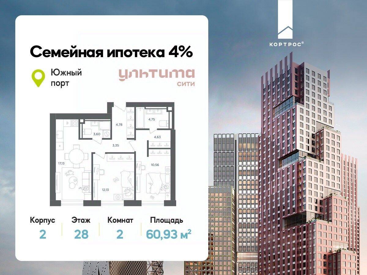 Планировка 2 комнатной квартиры, 60.93 м², в «УЛЬТИМА Сити»