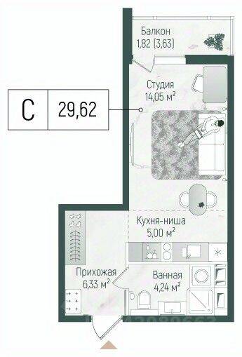Планировка 1 комнатной квартиры, 30.9 м², в «Riga Hills»