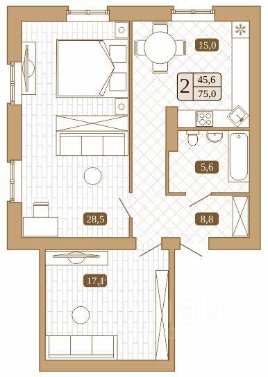 Планировка 2 комнатной квартиры, 75 м², в «Белый город (Сергиев Посад)»