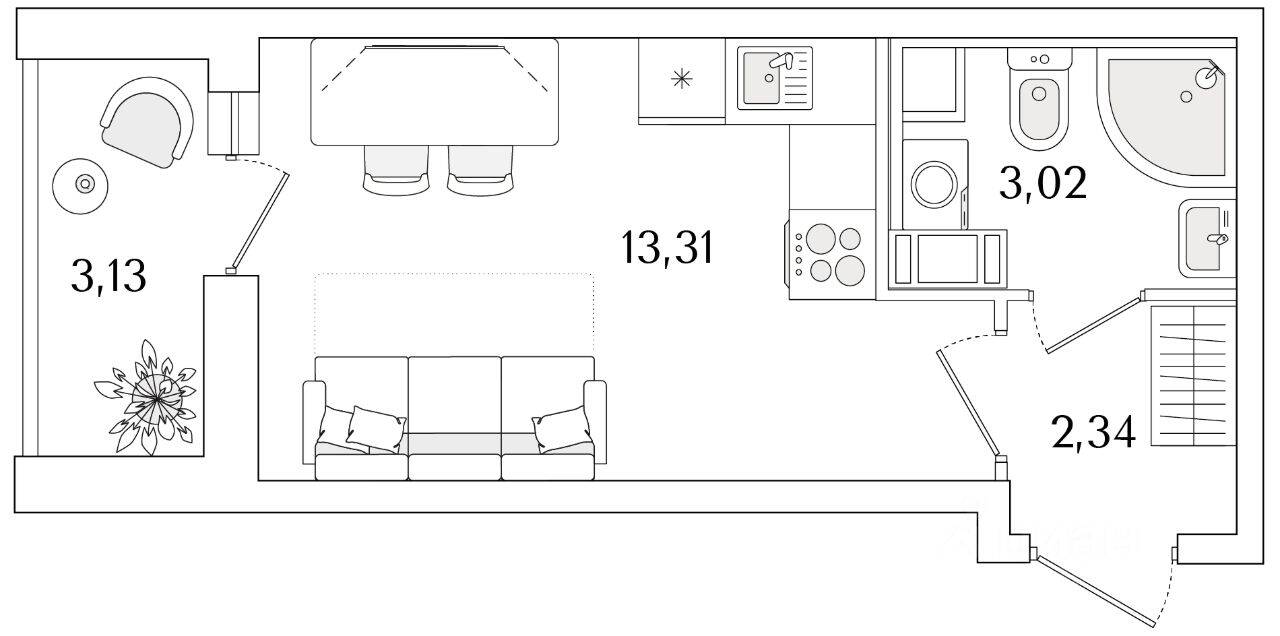 Планировка 1 комнатной квартиры, 20.24 м², в «Кинопарк»