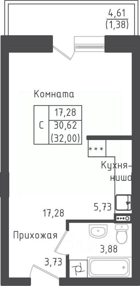 Квартира-студия, 31,72 м², в ЖК Зеленый Оазис-Город