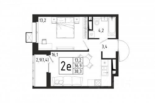 1-комн. квартира, 38,3 м², в ЖК «Берег»