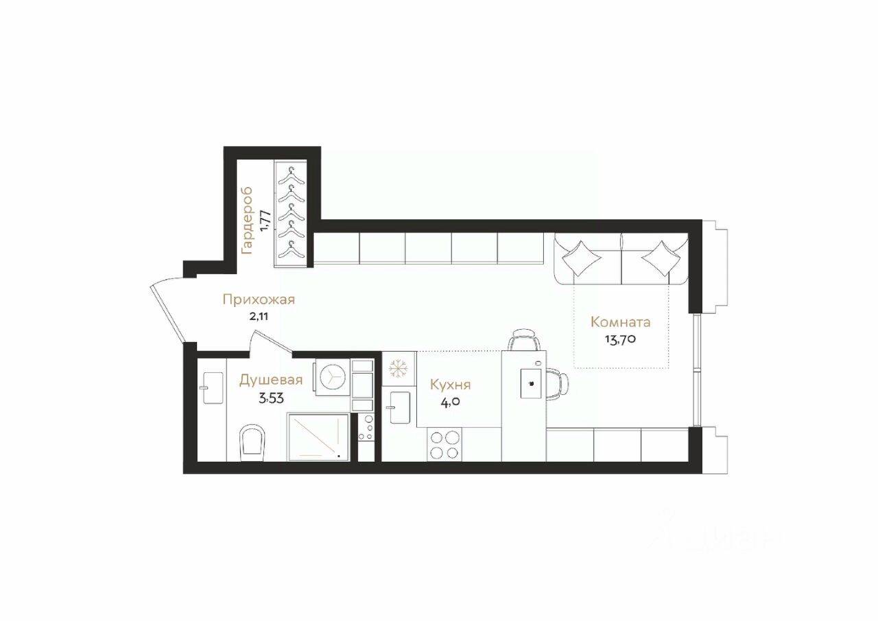 Квартира-студия, 25,11 м², в ЖК ID Petrogradskaya