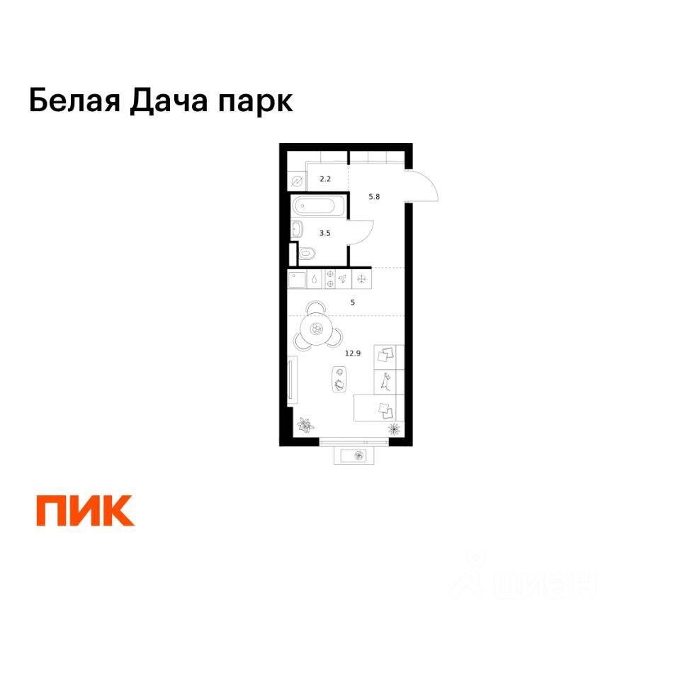 Квартира-студия, 29,4 м², в ЖК «Белая Дача парк»