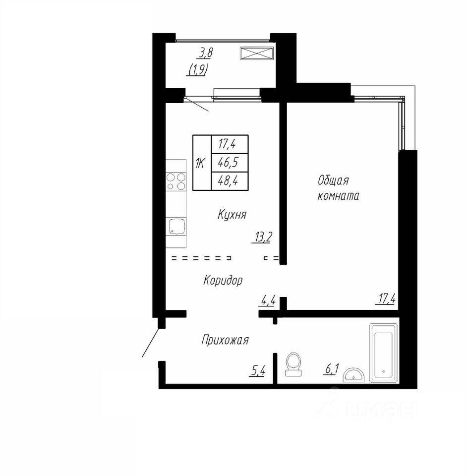 Планировка 1 комнатной квартиры, 48.4 м², в «Сибирь»