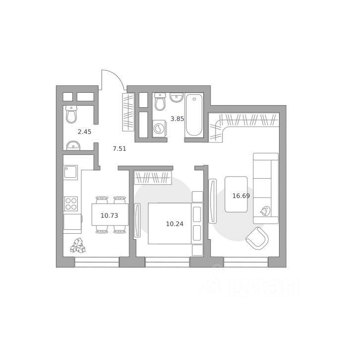 2-комн. квартира, 51,47 м², в Малоэтажный ЖК Живописный