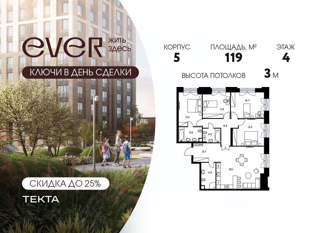 5-комн. квартира, 119 м², в ЖК EVER