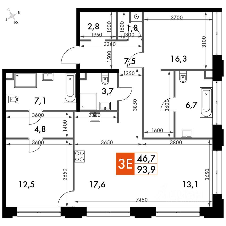 3-комн. квартира, 96,4 м², в ЖК Sydney City