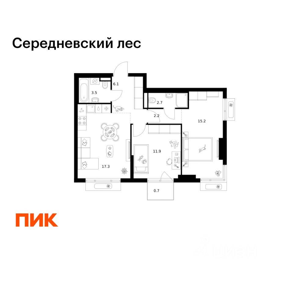 2-комн. квартира, 59,6 м², в ЖК Середневский лес